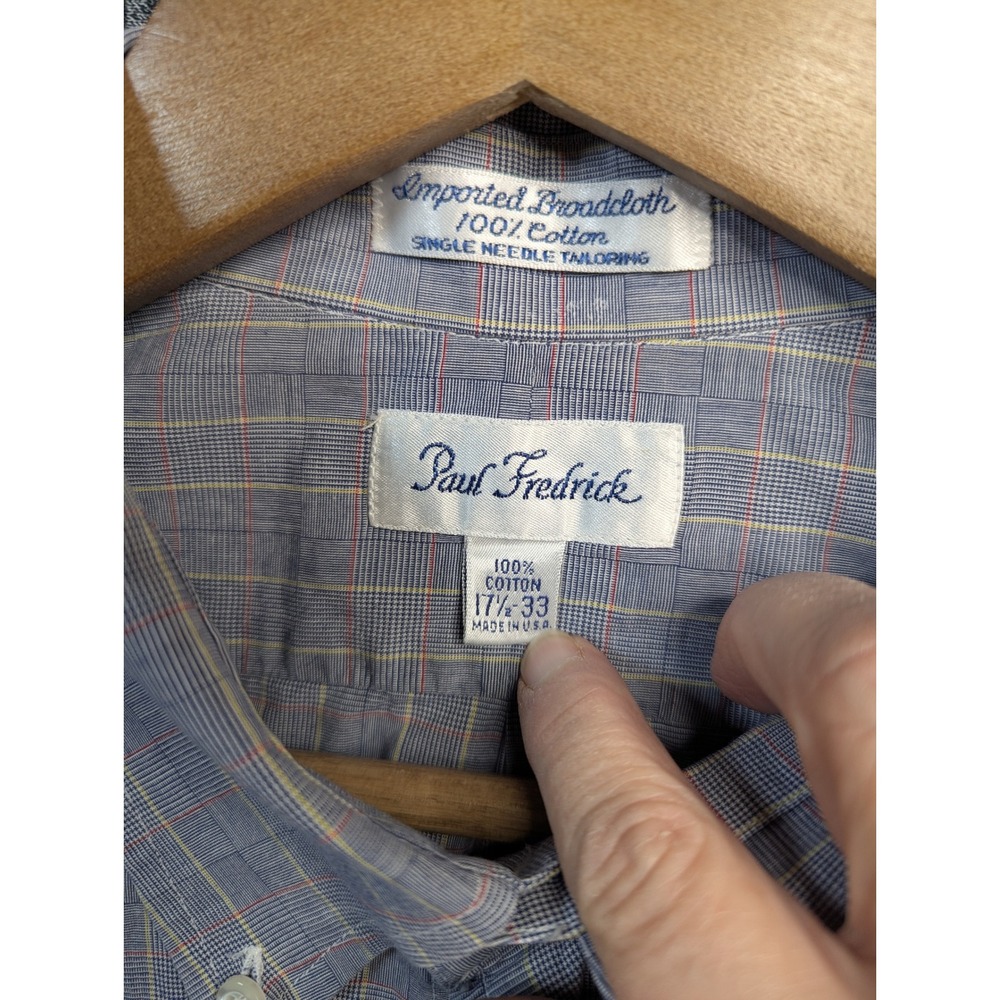 Paul Fredrick Mens Blue Plaid‎ Cotton Broadcloth Button Down Shirt 17.5 33 USA - Picture 2 of 11